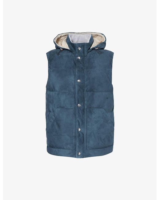 Eleventy Blue Detachable-hood Quilted Suede Down-gilet for men