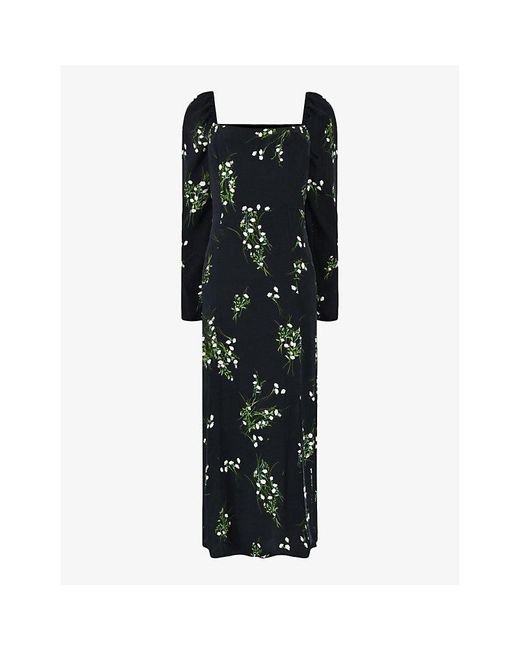 Ro&zo Black Square-neck Floral-print Woven Midi Dress
