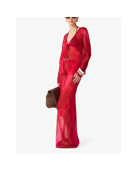 OMNES Red Marla Floral-Print Sheer-Chiffon Top