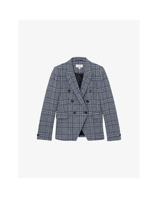 Reiss Blue Larissa Double-Breasted Checked Cotton And Linen-Blend Blazer