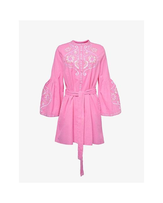Melissa Odabash Pink Everly Embroidered-front Cotton And Linen-blend Mini Dress
