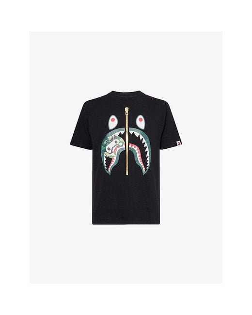 A Bathing Ape Black Camo Camo Milo Shark Graphic-Print Cotton T-Shirt for men