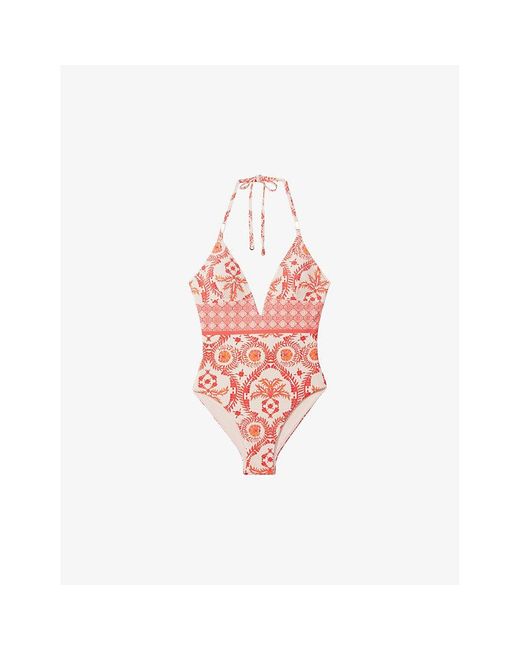 Reiss Red Leonora Fern-print Plunge-neck Stretch-woven Swimsuit