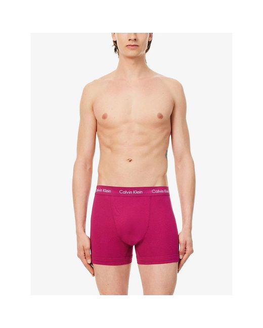 Calvin Klein Pink Logo-waistband Pack Of Three Stretch-cotton Trunks for men