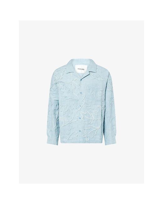 STORY mfg. Blue Greetings 3D-Patterned Cotton-Linen Shirt for men
