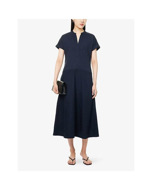 ME+EM Blue Mixed-Media Open-Collar Cotton Maxi Dress