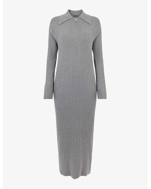 Whistles Gray Bonnie Ribbed Knitted Midi Dres