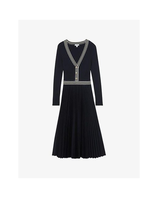Reiss Black Gaia Pleated Knitted Midi Dress