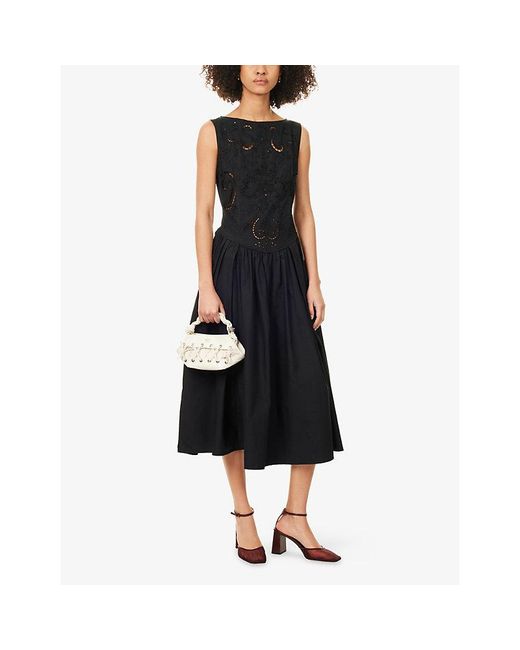 Stine Goya Black Broderie Embroidered Cotton Midi Dress