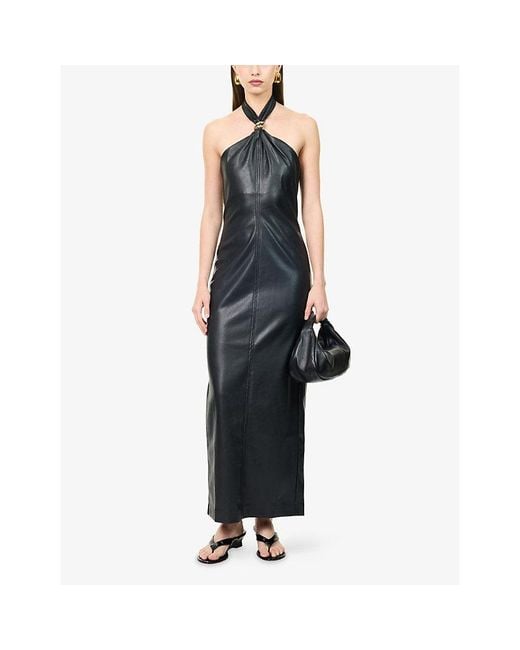 4th & Reckless Black Rhea Halter-Neck Faux Leather Midi Dress