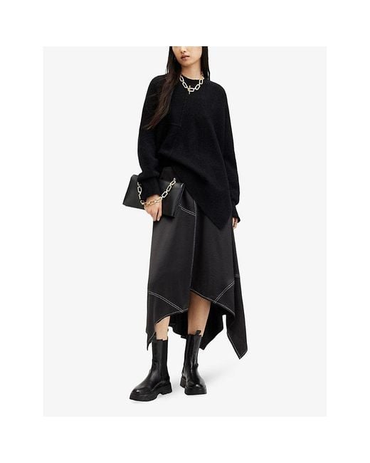 AllSaints Black Agnes Panelled Asymmetric-hem Stretch-woven Maxi Skirt