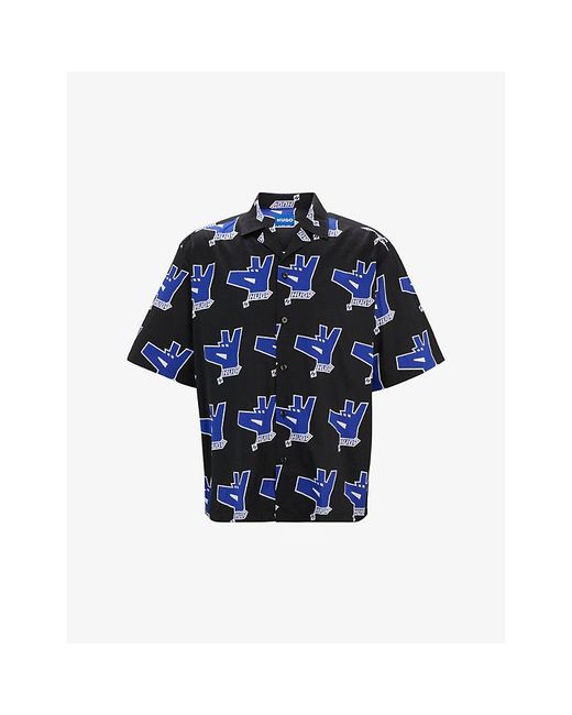 HUGO Blue Logo-Print Relaxed-Fit Short-Sleeve Cotton Shirt for men