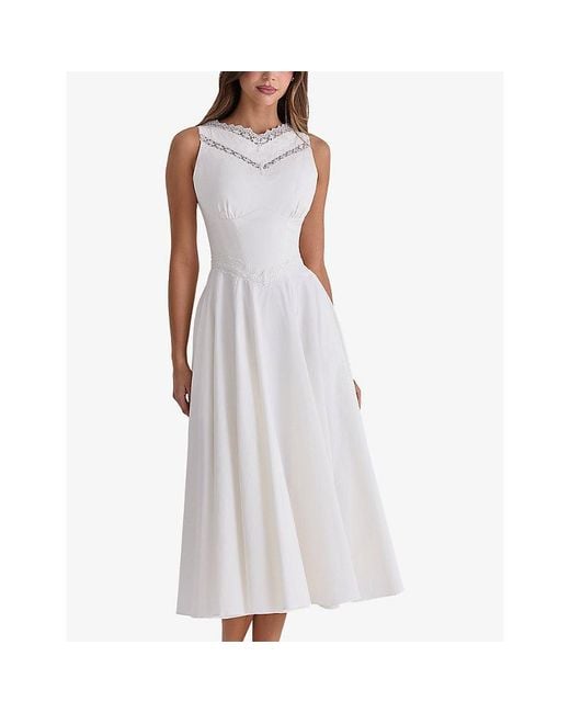 House Of Cb White Scarlett Lace-Insert Stretch-Cotton Midi Dress Xs (A-C Cup)