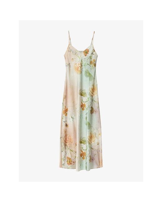 AllSaints Metallic Bryony Floral-Print Stretch-Satin Midi Dress