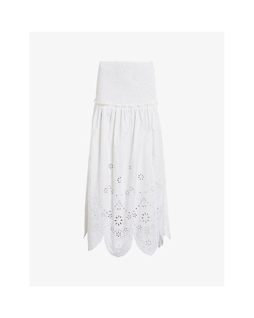 AllSaints White Alex Embroidered-broderie Cotton Midi Skirt
