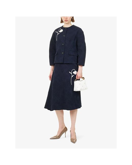 Erdem Blue Flower-Jacquard Cotton-Blend Crop Jacket