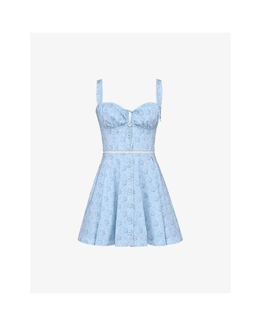 House Of Cb Blue Calia Floral-Print Stretch-Cotton Mini Dress Xs (A-C Cup)
