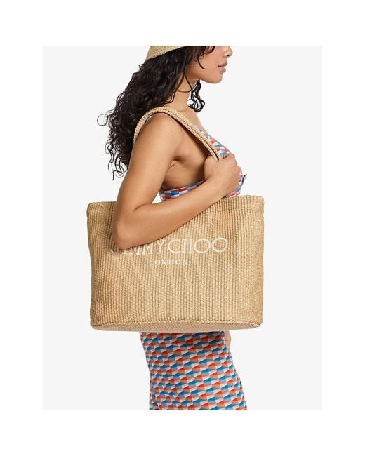Jimmy Choo Natural Beach Logo-Embroidered Raffia Tote Bag