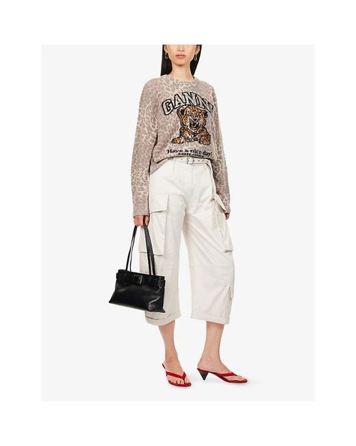 Ganni White Tiger-Print Wool-Blend Jumper