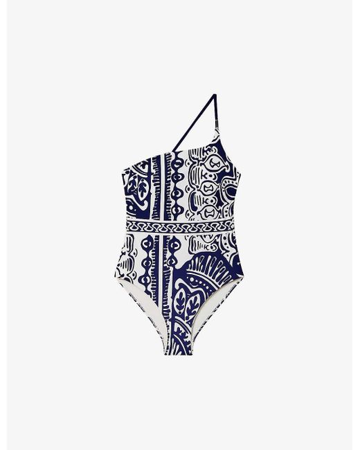 Reiss Blue Oliva One-shoulder Graphic-print Swimsuit