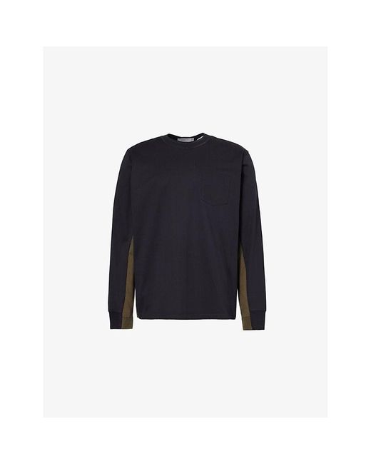 Sacai Blue Contrast-Panels Two-Zipped-Pockets Relaxed-Fit Cotton-Jersey T-Shirt for men