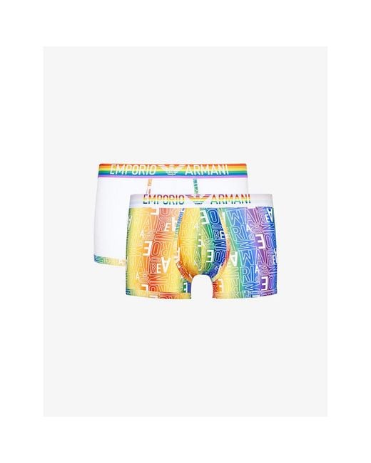 Emporio Armani Blue /bianco Rainbow-logo Pack Of Two Stretch-cotton Trunks for men