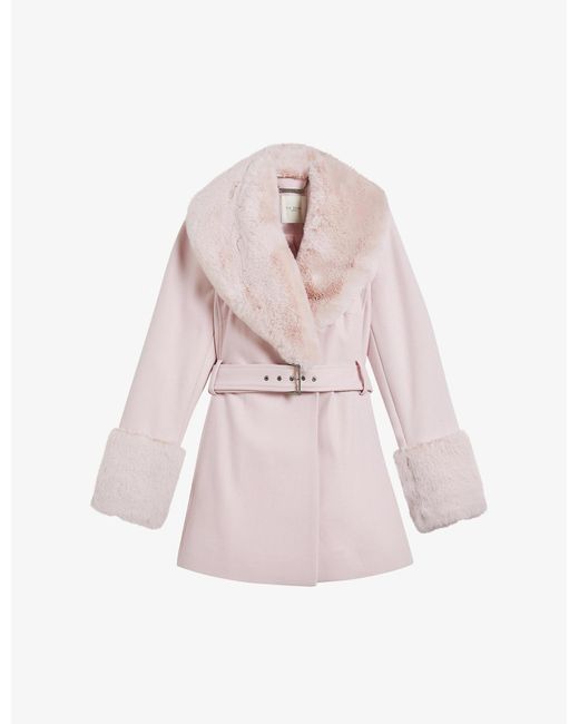 Ted Baker Pink Loleta Faux Fur-collar Wool-blend Coat