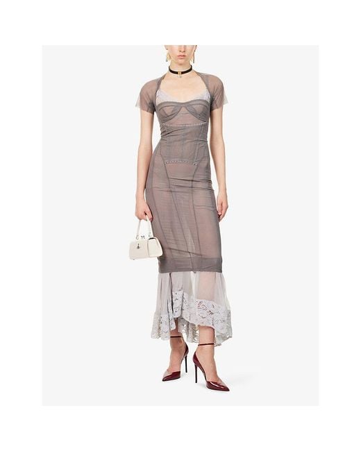 Dilara Findikoglu Gray Cloudy Border Short-Sleeve Stretch-Mesh Maxi Dress