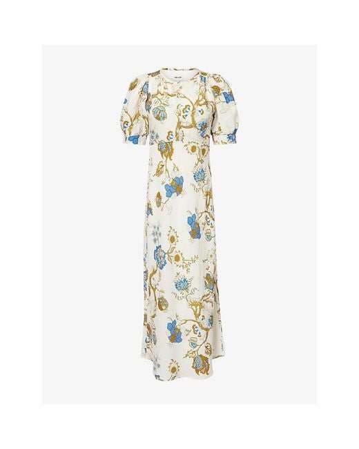 ME+EM Metallic Floral-Print Puff-Sleeve Linen-Blend Maxi Dress