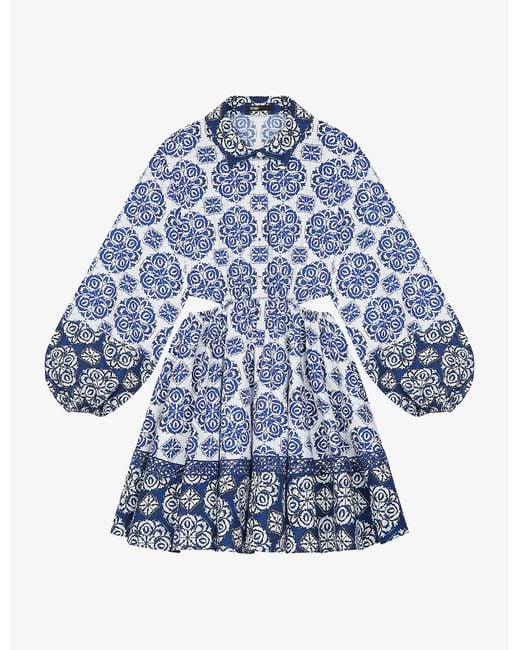 Maje Blue Rayatik Graphic-print Cut-out Cotton Mini Shirt Dress
