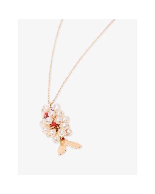 Maje White Beaded Fish Long Brass Necklace