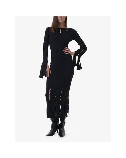 eem Black Metal-Embellished Fringed Ribbed-Knit Midi Dress