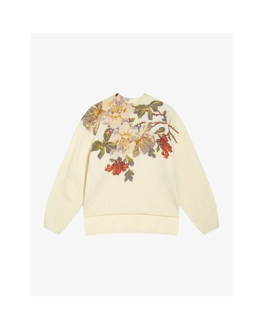 Ted Baker Natural Evhaa Floral-print Long-sleeve Knitted Jumper X