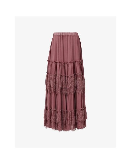 eem Red Circular Lace Maxi Skirt