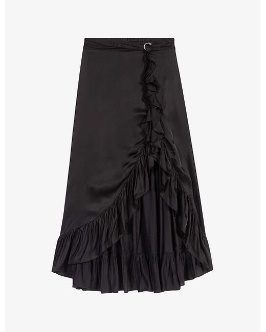 Maje Black Ruffled Asymmetric Satin Maxi Skirt