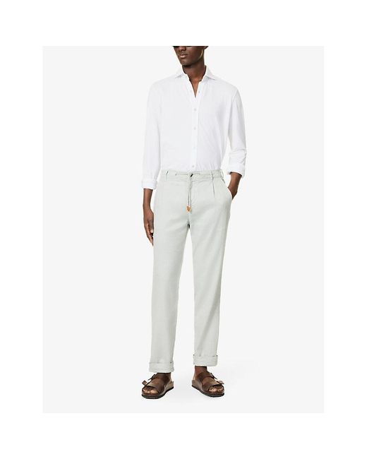 Eleventy Gray Drawstring-waist Straight-leg Linen-blend Trousers for men