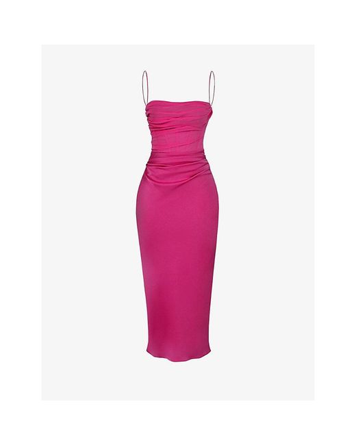 House Of Cb Pink Teia Sweetheart-Neck Satin-Crepe Midi Dress