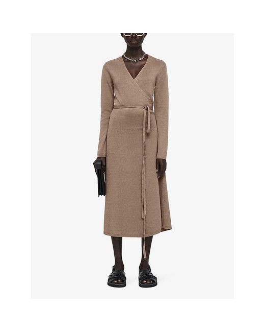 Joseph Brown Wrap-over Long-sleeve Stretch Linen-blend Midi Dress
