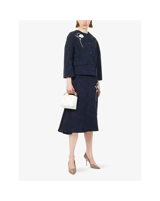 Erdem Blue Drape Floral-Jacquard Cotton-Blend Midi Skirt