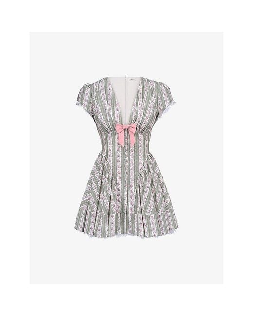 House Of Cb White Emiliana Striped Floral-Print Stretch-Cotton Mini Dress