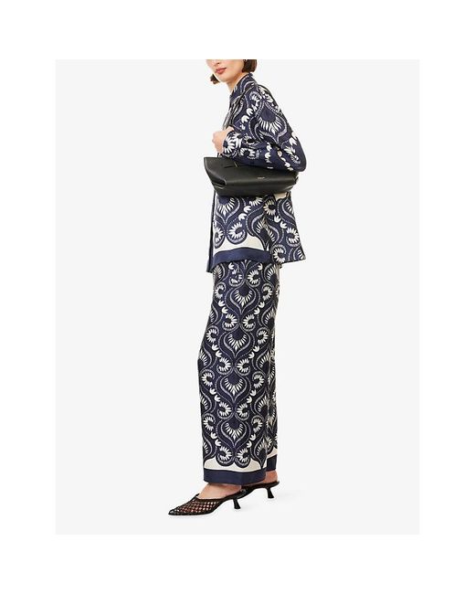 Weekend by Maxmara Blue Graphic-Print Straight-Leg Silk Trousers