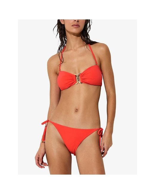 Reiss Red Johannah Halter-Neck Stretch-Woven Bandeau Bikini Top