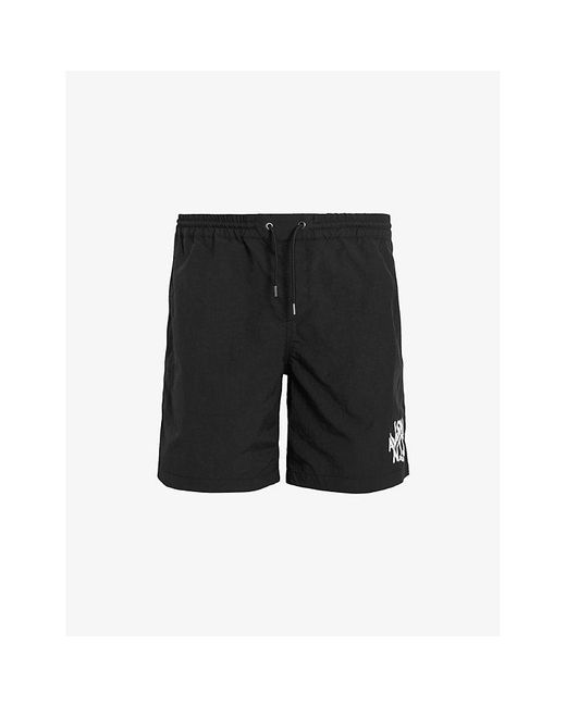 AllSaints Black Orlando Graphic-Print Slim-Fit Woven Swim Shorts for men