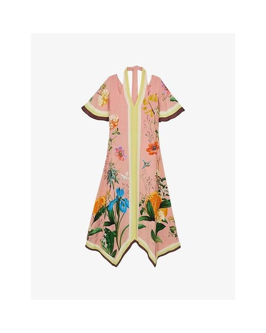 Reiss White Flossy Floral-Print Cut-Out Woven Midi Dress