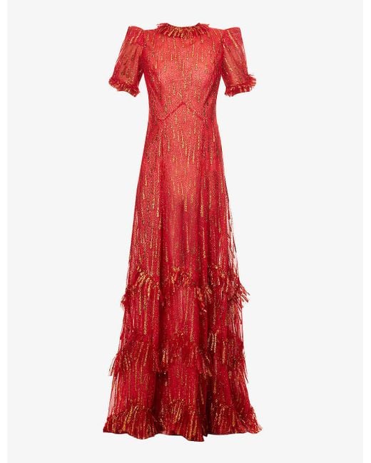 The Vampire's Wife Red Scarlet Glitter-embellished Woven Maxi Dress