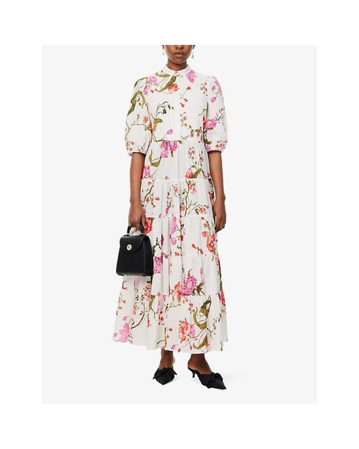 Erdem Pink Floral-pattern Puffed-shoulders Cotton Maxi Dress