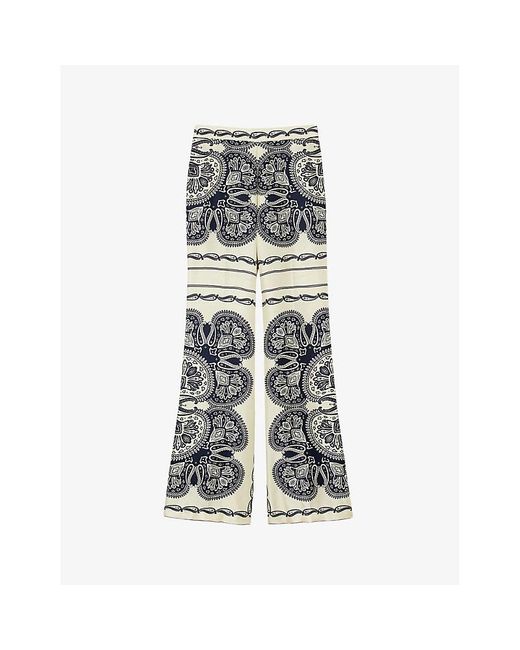 Sandro Gray Graphic-print Wide-leg Mid-rise Satin Trousers