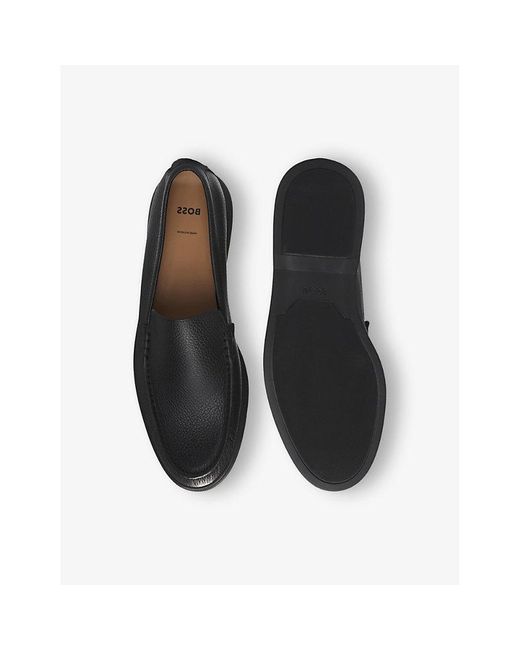Boss Black Almond-Toe Grained-Leather Moccasin Loafers for men
