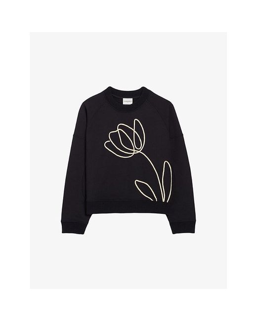 Claudie Pierlot Black Floral-embroidered Cotton Sweatshirt