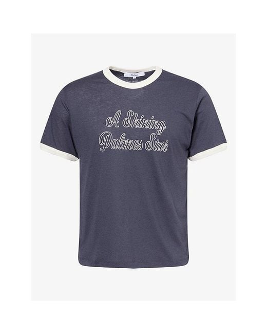 Palmes Blue Slogan-Embroidered Cotton-Blend T-Shirt for men
